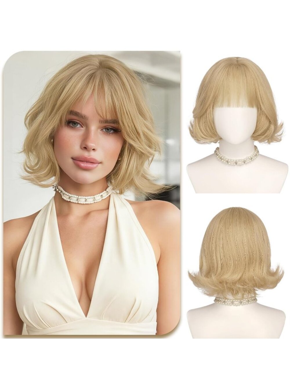 12 Inch Women's Ash Blonde Layered Synthetic Bob Wig Natural Looking Bangs